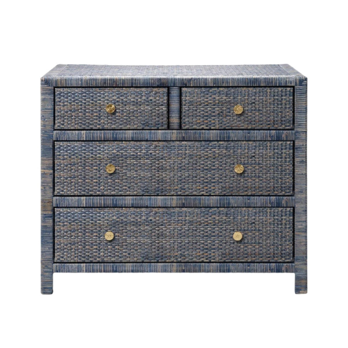 The Isla Dresser Collection by Made Goods features a blue woven dresser with a basket weave pattern, four soft-close drawers, and round gold handles, shown on a white background.