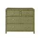 The Isla Dresser Collection by Made Goods features an olive green wooden dresser with four drawers—two small on top, two large soft-close below—all with natural peeled rattan basket weave fronts and round metal knobs, set against a white backdrop.
