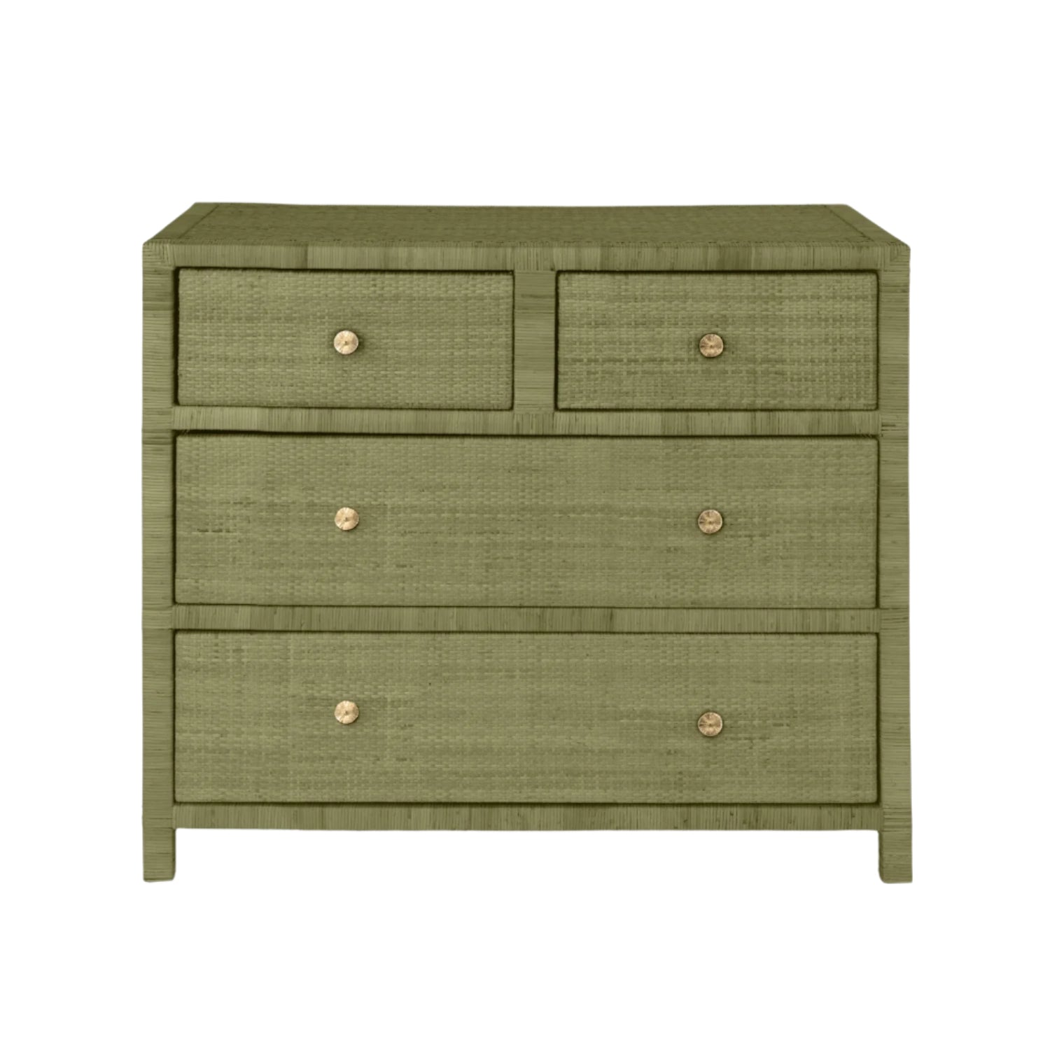 The Isla Dresser Collection by Made Goods features an olive green wooden dresser with four drawers—two small on top, two large soft-close below—all with natural peeled rattan basket weave fronts and round metal knobs, set against a white backdrop.