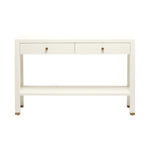 The Jarin Console Collection by Made Goods features a white rectangular table with two drawers, brass knobs, an open lower shelf, simple lines, and a faux Belgian linen textured finish. Shown front-facing against a white background.