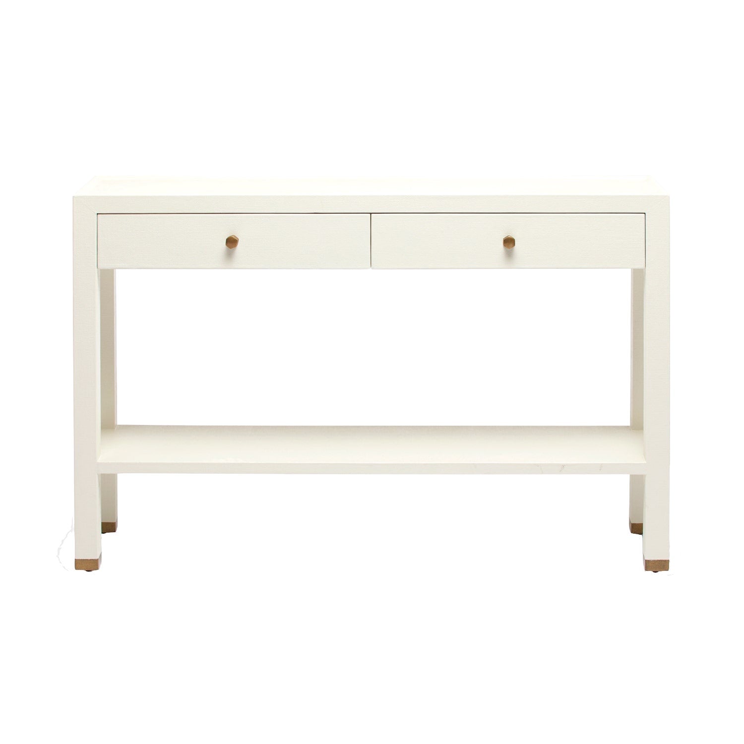The Jarin Console Collection by Made Goods features a white rectangular table with two drawers, brass knobs, an open lower shelf, simple lines, and a faux Belgian linen textured finish. Shown front-facing against a white background.