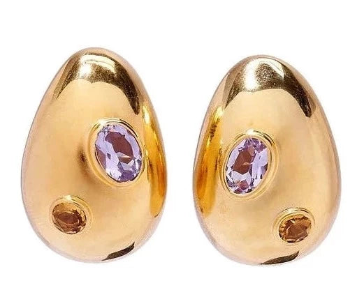 Gold earrings with pink amethyst and citrine stones by Lizzie Fortunato.