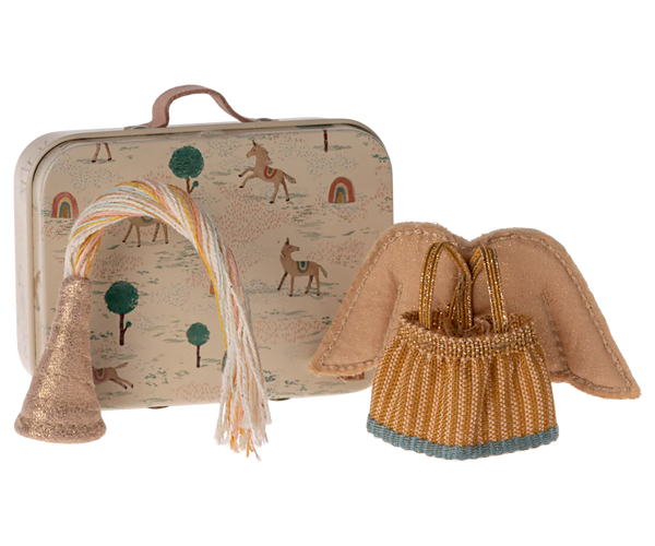 The Maileg Fairy Clothes in Suitcase for Little Sister Mouse features a decorative metal suitcase adorned with a charming horse and rainbow design, as well as a golden miniature angel outfit and wand—ideal for storing fairy clothes for your little sister mouse.