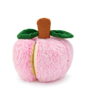 An interactive dog toy by The Foggy Dog shaped like a red apple with a brown stem and two green leaves, crafted from soft, fuzzy fabric and featuring a hidden treat pocket for added playful fun.