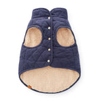 The Foggy Dog Navy Sherpa-Lined Reversible Dog Jacket, Large, features cozy sherpa lining and front leg openings—perfect for keeping your pup warm and stylish on chilly days.