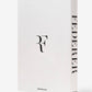 A book titled "Federer" by Assouline, featuring a cover with the letters "RF" and presenting a visual biography of tennis legend Roger Federer.