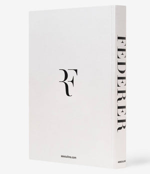 A book titled "Federer" by Assouline, featuring a cover with the letters "RF" and presenting a visual biography of tennis legend Roger Federer.
