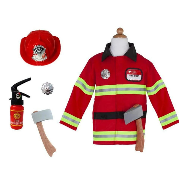 The **Great Pretenders Firefighter with Accessories Set** from **Great Pretenders** is a vibrant dress-up-and-play ensemble that includes a red jacket, hat, toy fire extinguisher, badge, and two toy axes on a mannequin—ideal for igniting imagination during pretend firefighting adventures.