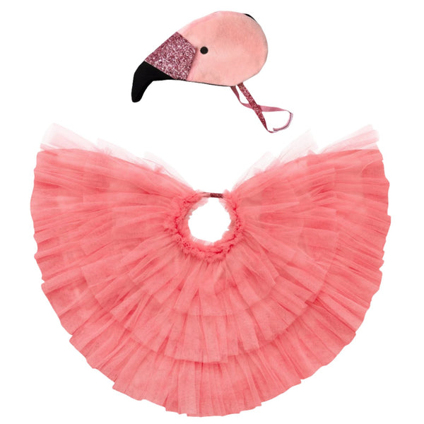 The Meri Meri Flamingo Cape Dress Up by Meri Meri features pink tulle wings and a matching flamingo headband with a glittery pink section and black beak.