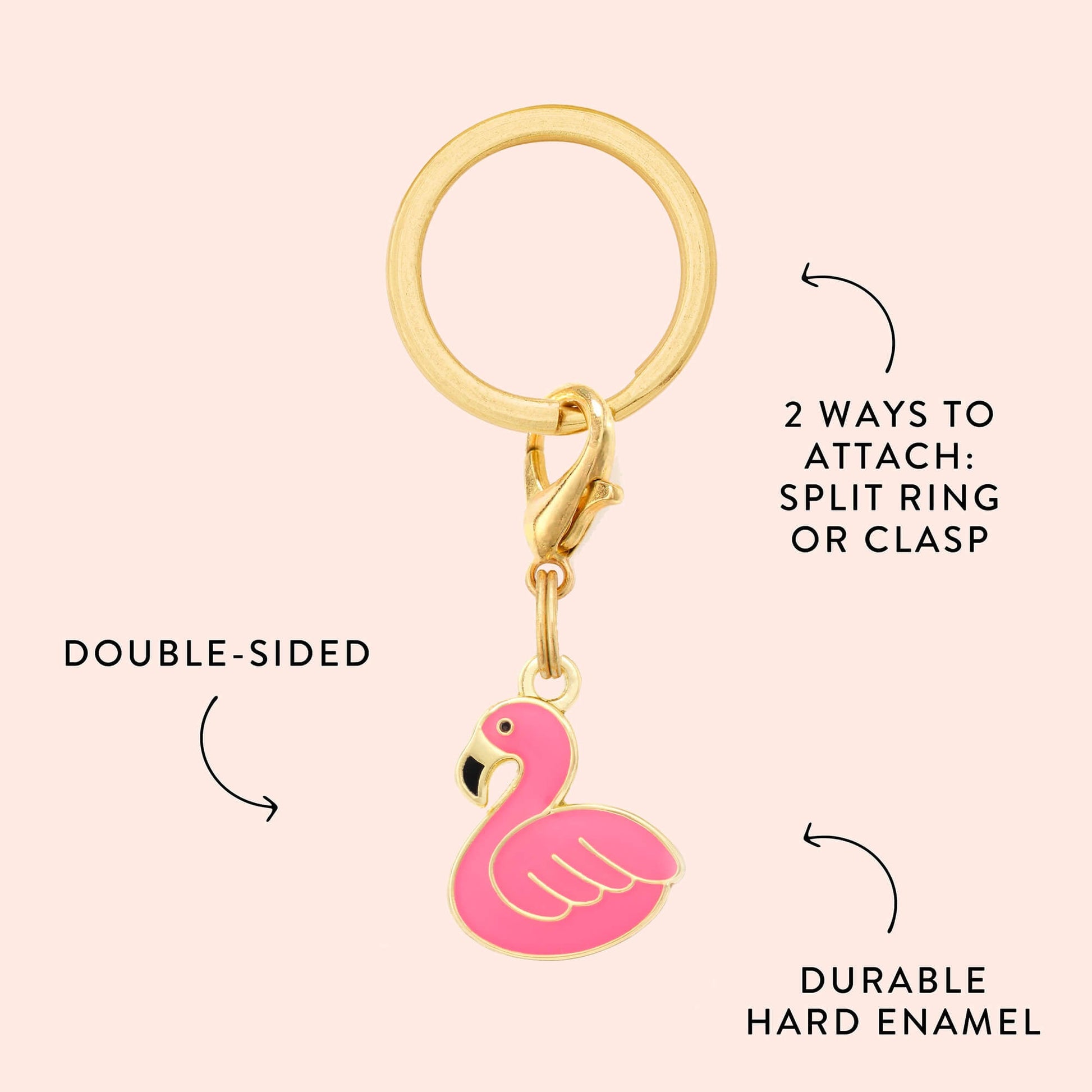 The Flamingo Collar Charm by Foggy Dog features a gold keyring, pink double-sided flamingo design, split ring or clasp attachment, and durable hard enamel—ideal as a cute pet charm or dog collar accessory.