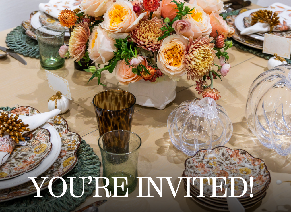 A formal table set with floral plates and glass pumpkins sets the scene for the Fall Floral & Table Setting Workshop with Sarah Benitz—SOLD OUT at HIVE Home, Gift and Garden. Text reads: "YOU'RE INVITED!.