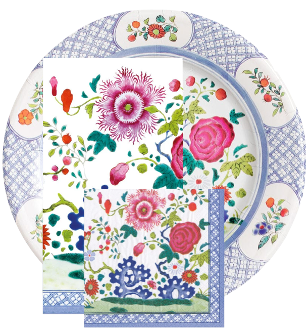 The Caspari Floral Porcelain Collection features a decorative plate and two overlapping triple-ply napkins, all adorned with vibrant pink, red, and green floral designs.