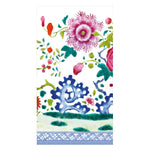 The Floral Porcelain Collection by Caspari features colorful flowers, green leaves, and a blue geometric border—perfect for eco-friendly triple-ply napkins.