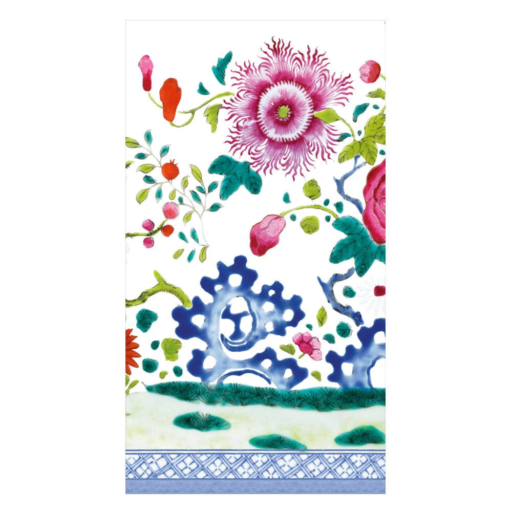 The Floral Porcelain Collection by Caspari features colorful flowers, green leaves, and a blue geometric border—perfect for eco-friendly triple-ply napkins.