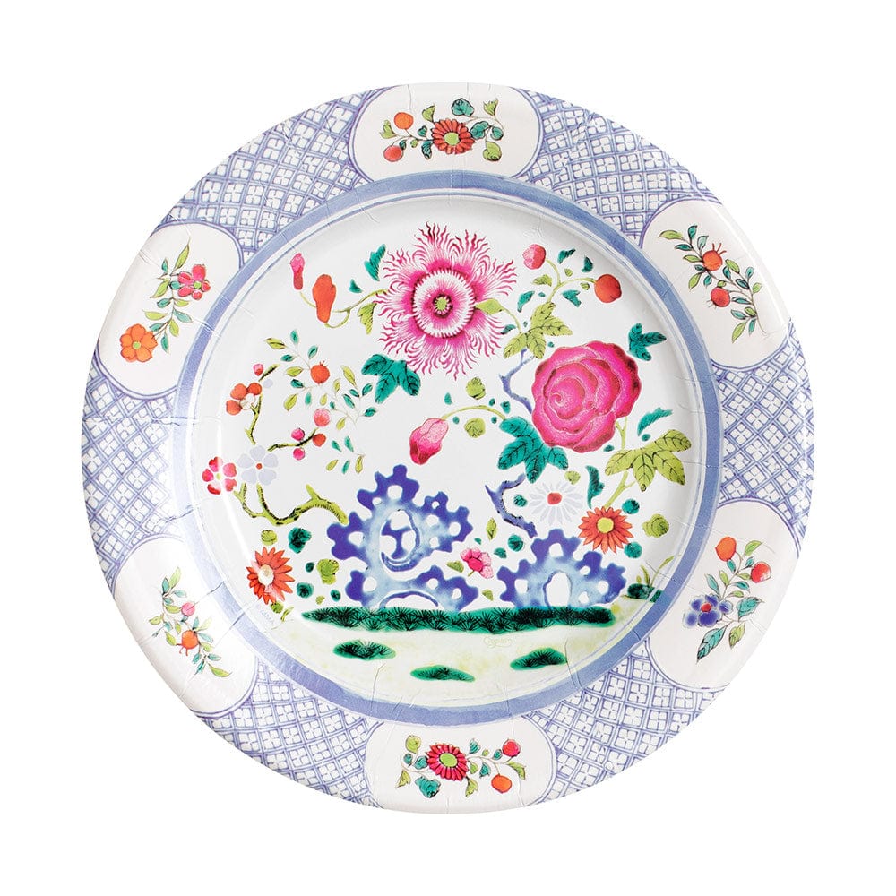 The Caspari Floral Porcelain Collection plate features pink, red, and purple flowers with green leaves, bordered by blue and white floral designs—an eco-friendly option for elegant table settings.