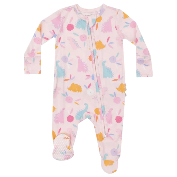 The Angel Dear Floral Dinos Zip Ruffle Back Footie is a pink baby onesie made from soft bamboo fiber, adorned with vibrant dinosaur and leaf designs. It includes a convenient front zipper footie design and cozy fold-over cuffs to ensure comfort for your little one.