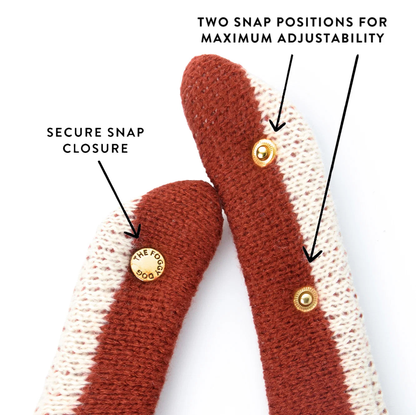 The Football Knit Dog Bandana by The Foggy Dog features two knit straps with adjustable snap closures—one labeled with the brand’s name—and offers two snap positions for versatile fastening, making it a sporty accessory and a game day essential.