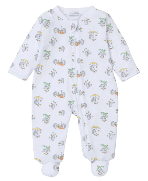 The Kissy Kissy Hedgehog Fall Showers Printed Zip Footie by Kissy Kissy is a white baby sleeper showcasing a colorful hedgehogs fall showers print, featuring a front zipper closure and footed design. Made from luxurious Pima cotton for ultimate comfort.