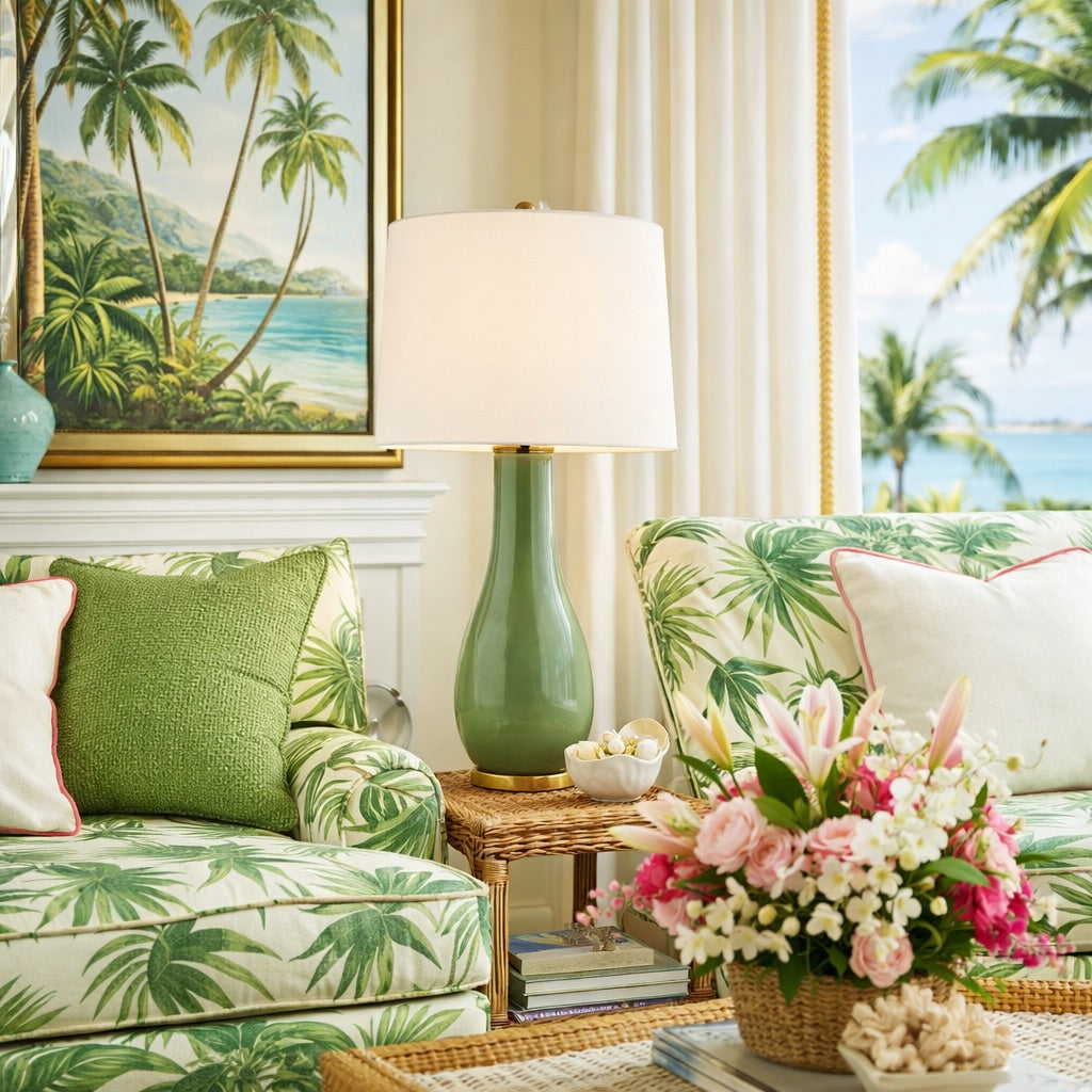 A living room with tropical decor combines modern style, featuring palm leaf sofas, the Visual Comfort Form Table Lamp in Shellish Kiwi, a beach painting, and a floral arrangement atop a sculptural wicker table.