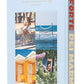 The book cover, published by Assouline and titled "Forte dei Marmi," features four images: a woman cycling, a beach with a volleyball net, colorful beach huts, and blooming flowers. The title runs vertically along the right edge, encapsulating the essence of an Italian vacation on Tuscany's Mediterranean coast.