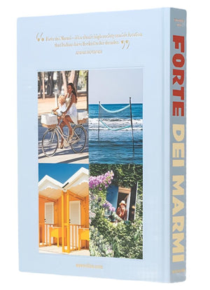 The book cover, published by Assouline and titled "Forte dei Marmi," features four images: a woman cycling, a beach with a volleyball net, colorful beach huts, and blooming flowers. The title runs vertically along the right edge, encapsulating the essence of an Italian vacation on Tuscany's Mediterranean coast.