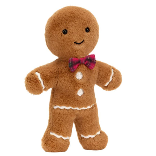 Introducing Jellycat Jolly Gingerbread Fred, a delightful plush gingerbread man toy embellished with white icing details and a charming tartan bow. This festive companion is ideal for bringing holiday joy!