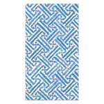 The Caspari Fretwork Collection features durable, biodegradable napkins with a geometric blue and white interlocking line pattern on a rectangular surface.