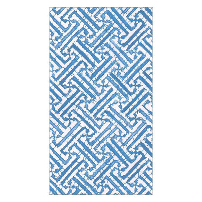 The Caspari Fretwork Collection features durable, biodegradable napkins with a geometric blue and white interlocking line pattern on a rectangular surface.