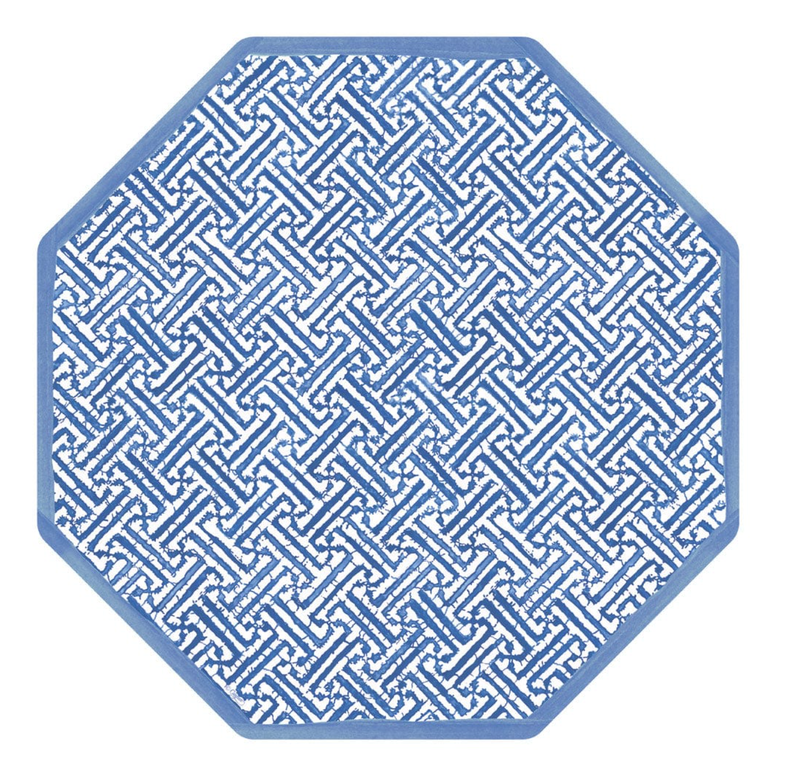 The Fretwork Collection by Caspari features octagonal tiles with a blue and white geometric interlocking pattern and solid blue edge—ideal for pairing with eco-friendly napkins to enhance any sustainable tablescape.