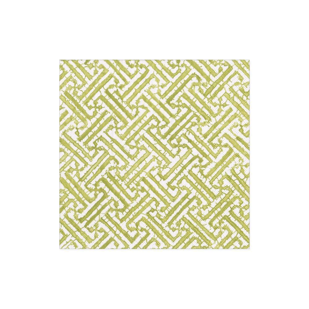 The Fretwork Collection by Caspari features square tiles with a green and white geometric zigzag pattern, displaying an interlocking design that's durable and perfect for modern spaces.
