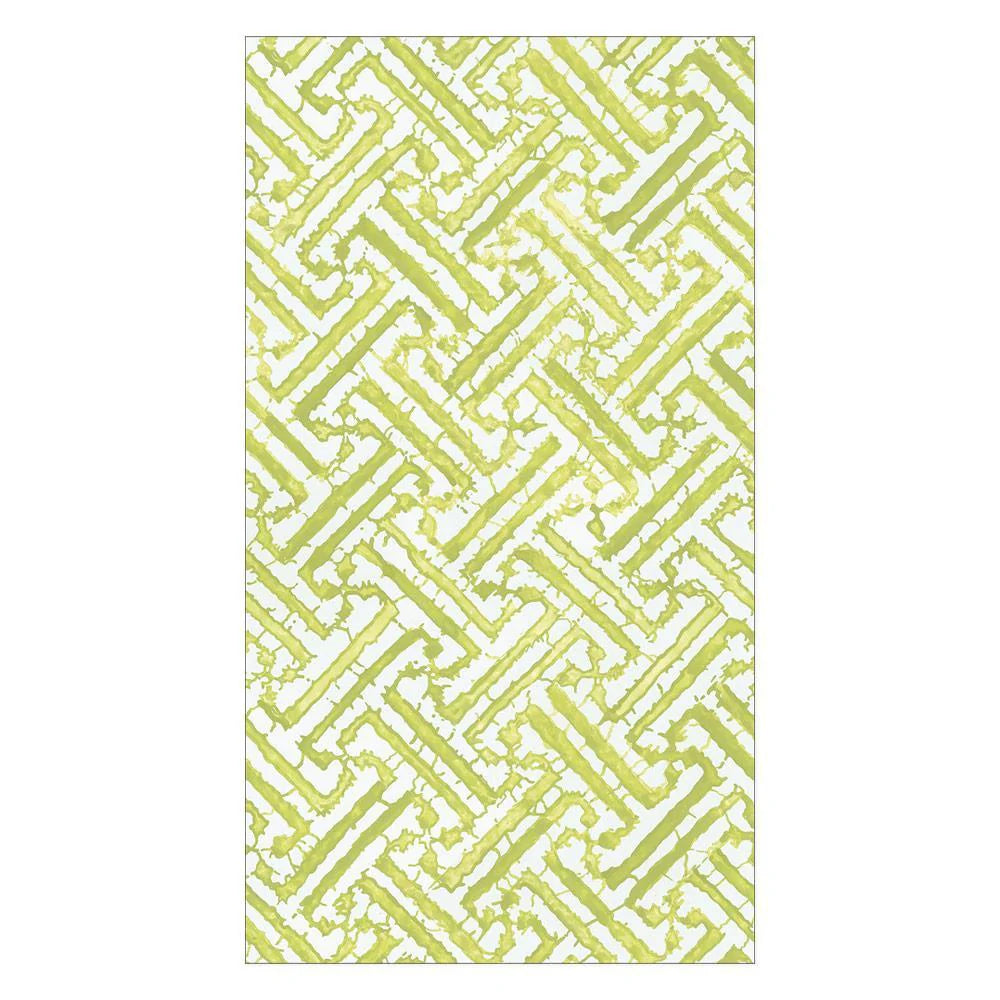 Rectangular image from Caspari's Fretwork Collection features a geometric pattern of interlocking green and yellow lines on white—a repeating zigzag motif ideal for durable, eco-friendly napkins.