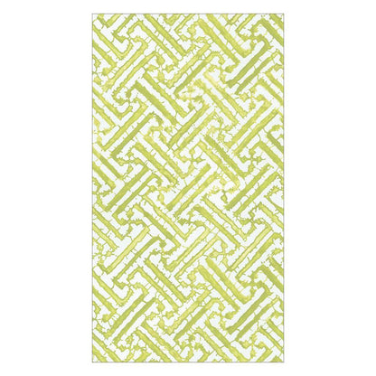 Rectangular image from Caspari's Fretwork Collection features a geometric pattern of interlocking green and yellow lines on white—a repeating zigzag motif ideal for durable, eco-friendly napkins.