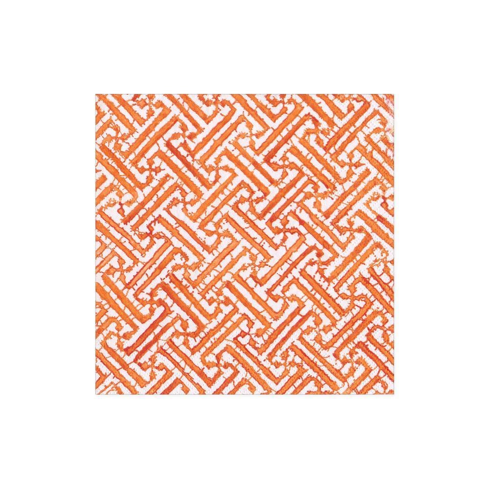The Fretwork Collection by Caspari features a square tile with an orange and white geometric pattern of interlocking, textured lines on a white background, inspired by the durable design of eco-friendly napkins.