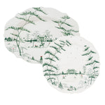 Set of two white scalloped stoneware plates from the Juliska Country Estate Winter Frolic Evergreen Dinnerware Collection, featuring green pastoral scenes—ideal for festive gatherings.