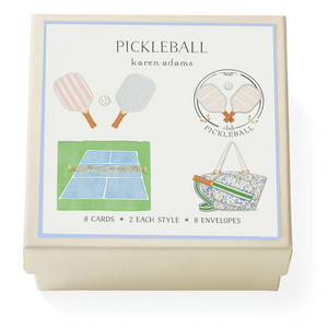 The "Pickleball Gift Enclosures" by Karen Adams features illustrated paddles, a court, tote bag, and includes 8 enclosure cards (2 of each style) with 8 natural white envelopes in a labeled box.