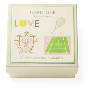 The Karen Adams Tennis Club Gift Enclosures set includes 8 blank cards and 8 envelopes in a cream-colored box with tennis-themed illustrations like rackets, a court, and "LOVE" on the front.