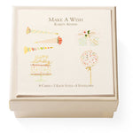 The "Make A Wish Gift Enclosures" by Karen Adams include 8 hand-glittered greeting cards in 4 festive birthday designs (candles, gift, cake, balloon) with gold foil accents and 8 envelopes.