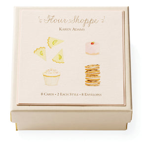 The Karen Adams Flour Shoppe Gift Enclosures set features a cream box with pie, cake, cupcake, and cookie art on the lid and includes 8 enclosure cards in 4 styles plus 8 envelopes.