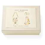 The Karen Adams Just Married Card Set features a cream box with wedding-themed illustrations and includes 8 natural white note cards (4 styles) plus 8 envelopes—making it a charming hostess gift.