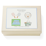 The Karen Adams Pickleball Card Set includes 8 hand-embellished note cards in 2 styles and 8 envelopes, with paddle, court, and bag illustrations—an ideal hostess gift.