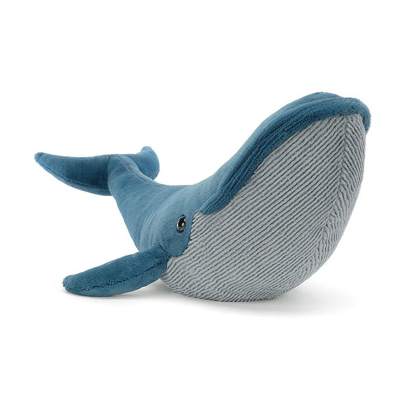 Gilbert the Great Blue Whale, a stuffed animal whale, available for online purchase from Jellycat. The adorable plush is showcased against a clean white background.