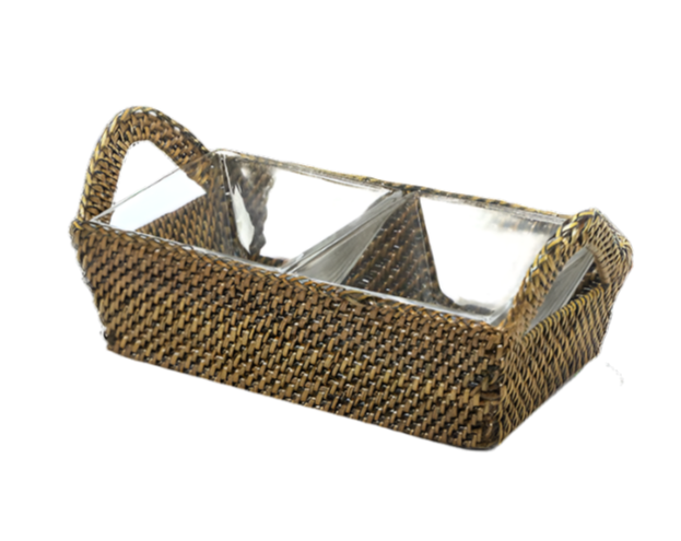 Calaisio's Sectional Server Collection features a rectangular handwoven basket with two handles, sectional tray design, and clear plastic compartments, shown on a white background.