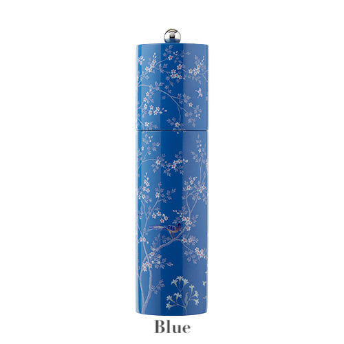 A blue floral Chinoiserie Salt and Pepper Mill from Addison Ross sits on a rubber wood base, with a small round silver knob on top. The word "Blue" appears beneath the container.
