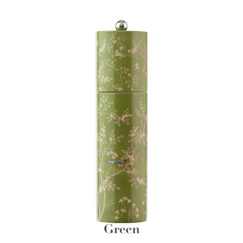The Addison Ross Chinoiserie Salt and Pepper Mill Collection features a tall green cylindrical mill with floral and bird motifs, silver knob top, and "Green" label, showcasing elegant Chinoiserie style.