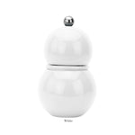 A glossy white, round, double-sphere Addison Ross Chubbie Salt and Pepper Mill with a silver top knob and durable ceramic mechanism, shown on a plain white background with "White" below.