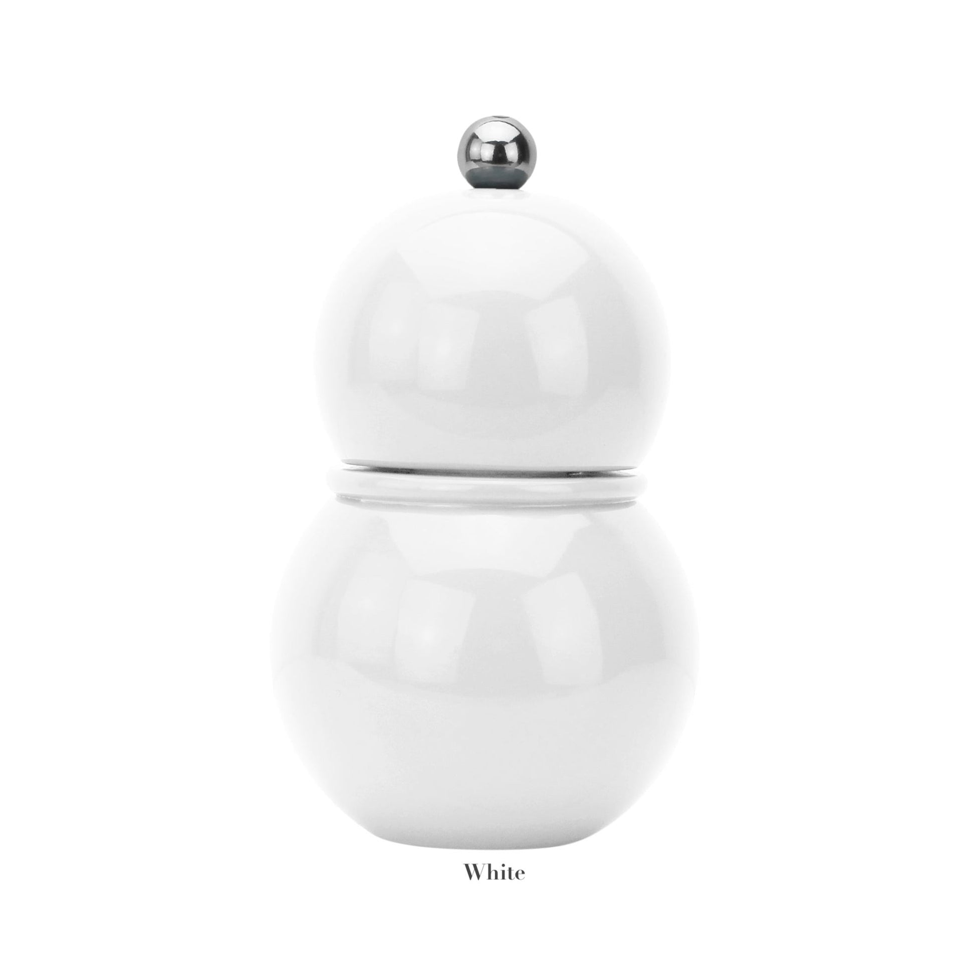 A glossy white, round, double-sphere Addison Ross Chubbie Salt and Pepper Mill with a silver top knob and durable ceramic mechanism, shown on a plain white background with "White" below.