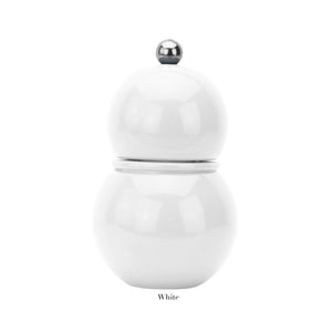 A glossy white, round, double-sphere Addison Ross Chubbie Salt and Pepper Mill with a silver top knob and durable ceramic mechanism, shown on a plain white background with "White" below.