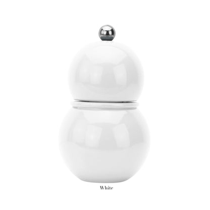 A glossy white, round, double-sphere Addison Ross Chubbie Salt and Pepper Mill with a silver top knob and durable ceramic mechanism, shown on a plain white background with "White" below.