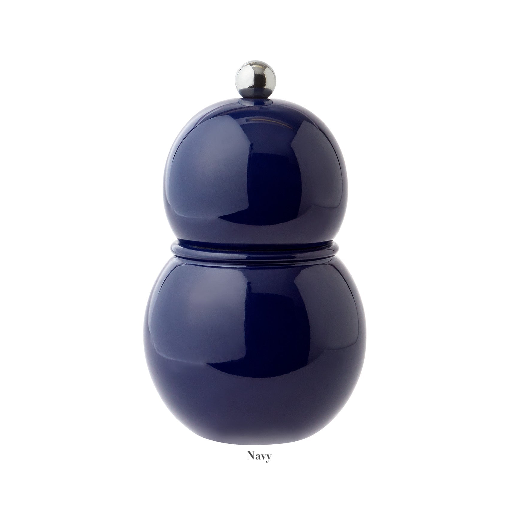 A glossy navy blue, double-bulb Chubbie Salt and Pepper Mill by Addison Ross, featuring a ceramic mechanism and metallic spherical knob, displayed on a white background with "Navy" written below.