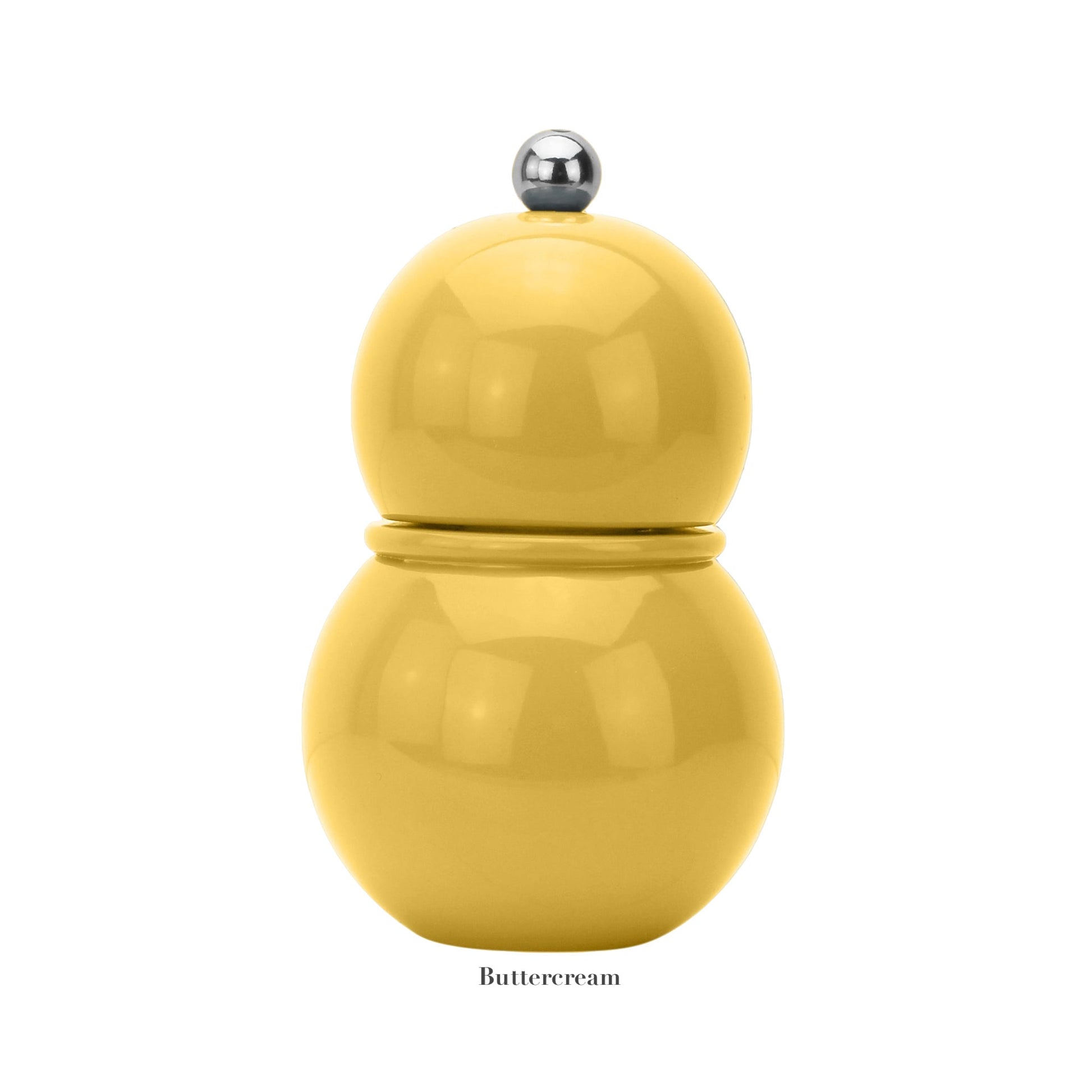 The Addison Ross Chubbie Salt and Pepper Mill Collection features a yellow, rounded two-part mill labeled "Buttercream," with a ceramic mechanism and silver knob, shown against a plain white background.